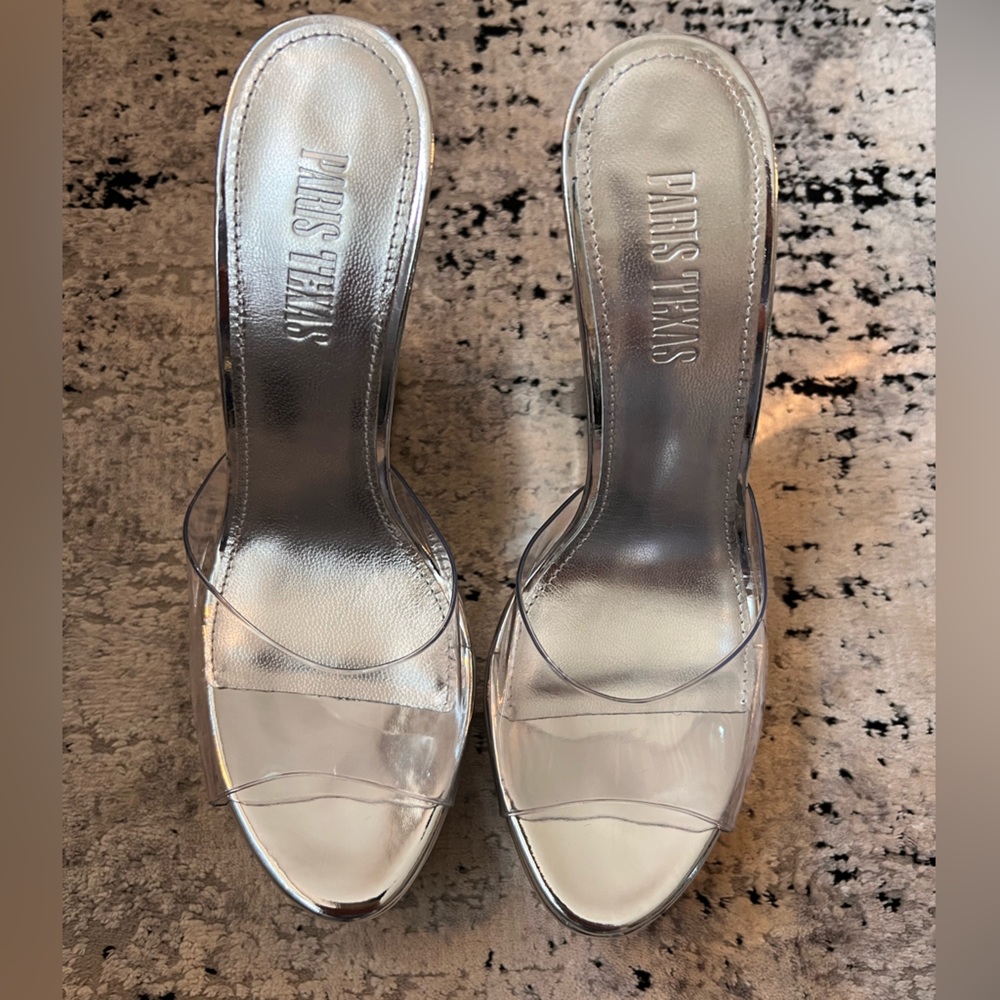 Paris Texas Lidia Metallic Leather Mules  Silver Cinderella Wedge - Picture 5 of 6